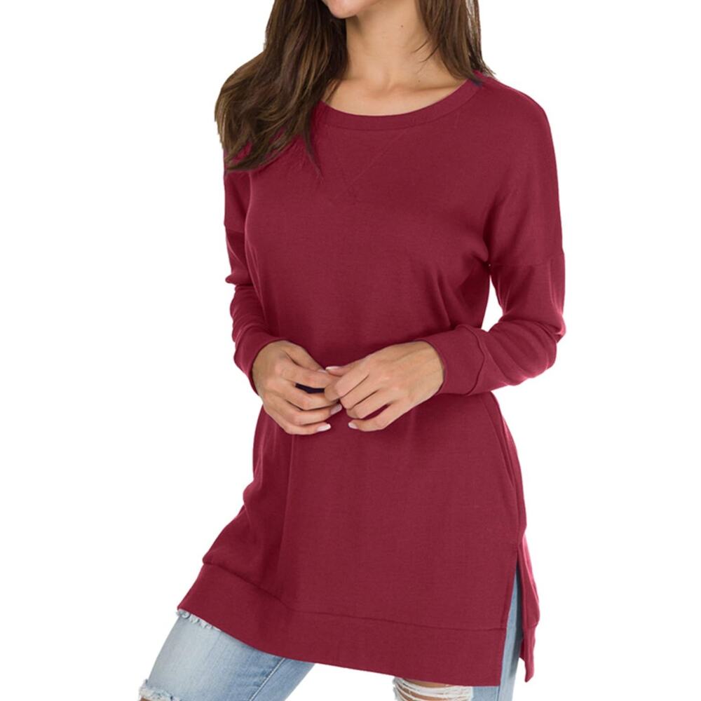 Women's Long Sleeve Loose Blouse Casual Burgundy Pullover Tunic Top - Picture 3 of 5